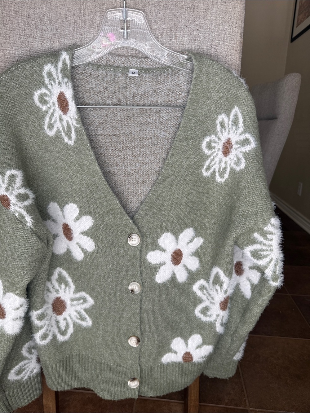 Green Floral Button-Up Women's Sweater Cardigan